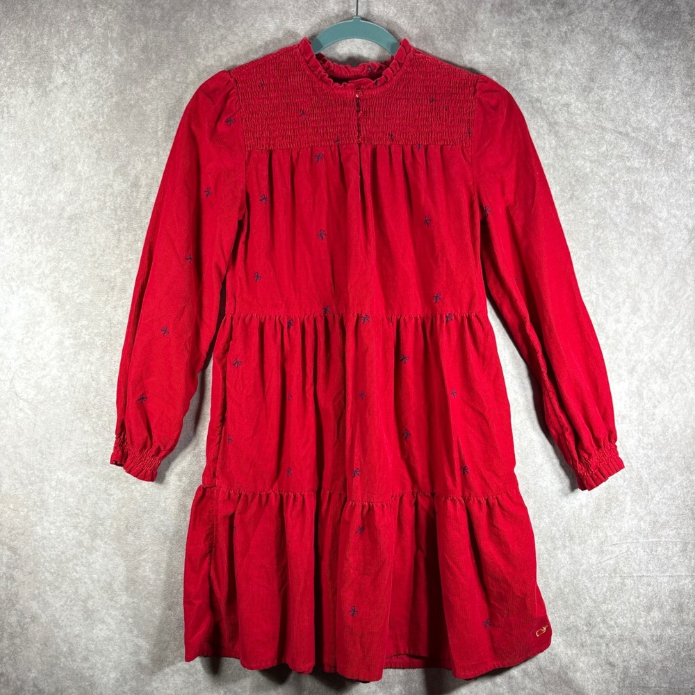 Vineyard Vines Dress Girl M 12-14 Red Corduroy Bow Smocked Tiered Preppy Holiday
